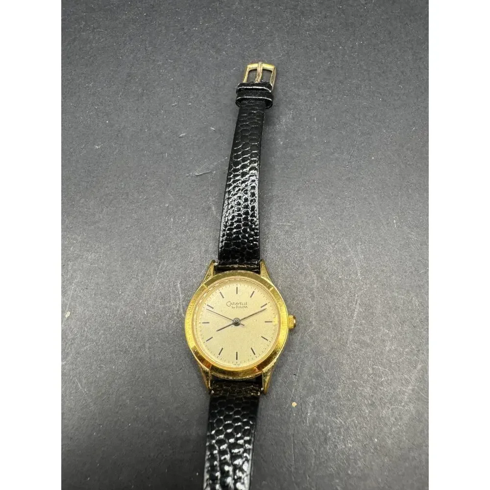Caravelle by Bulova 48J83 Gold Tone Genuine Black Leather Strap Watch WR